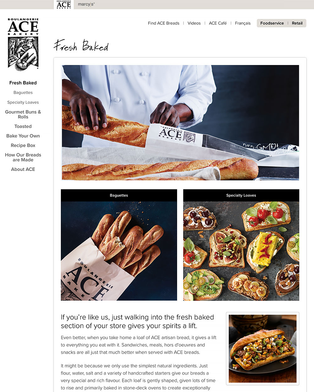 ACE Bakery website screenshot - Fresh Baked
