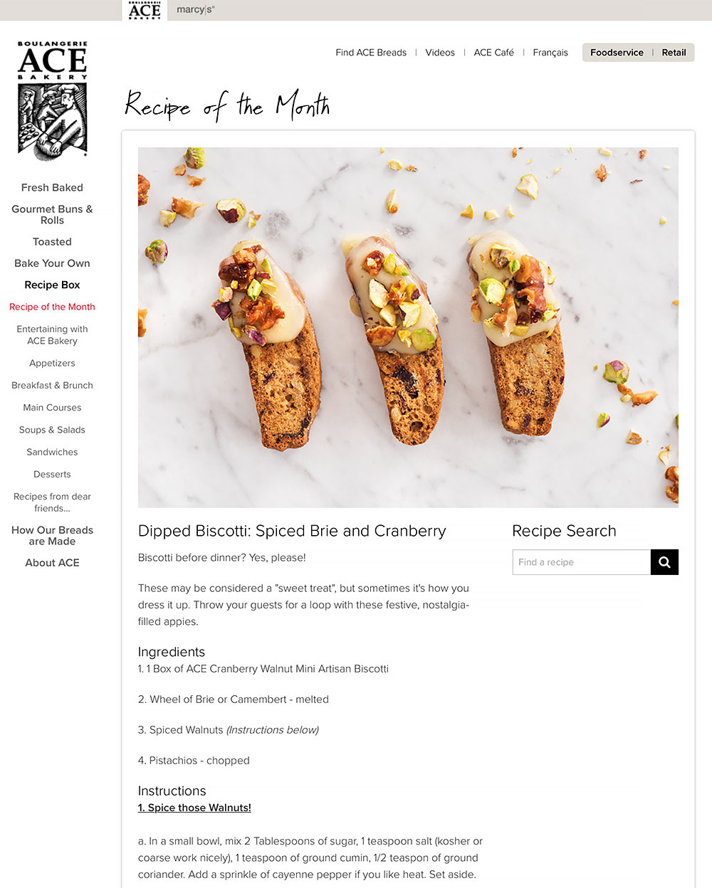 ACE Bakery website screenshot - Recipe of the Month