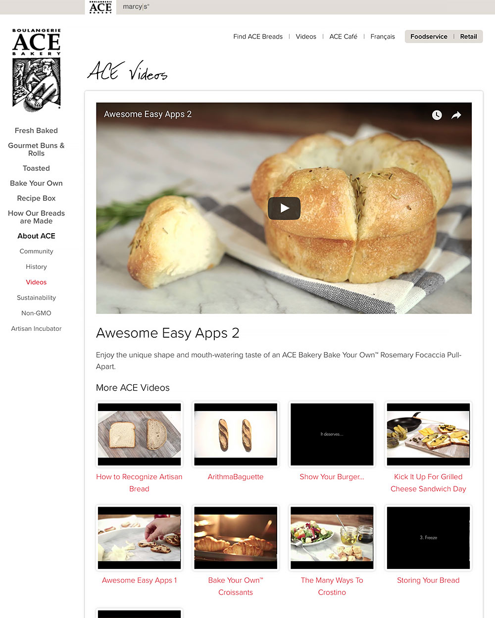 ACE Bakery website screenshot - ACE Videos