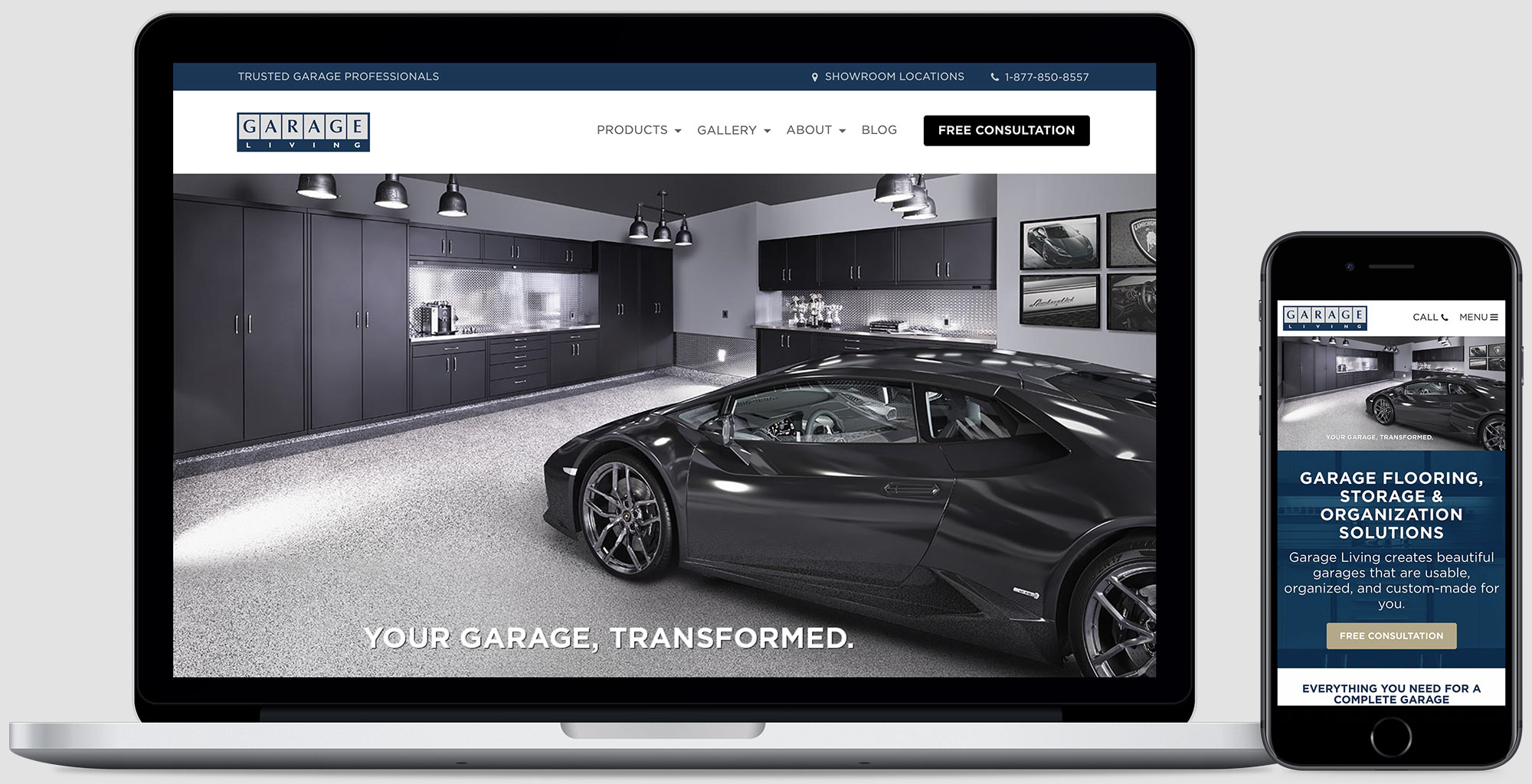 Garage Living homepage on a Macbook and an iPhone