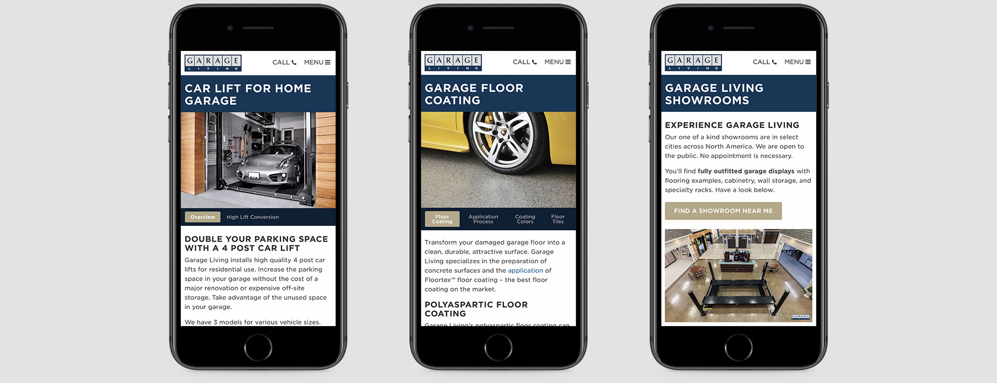 Garage Living website on mobile phones