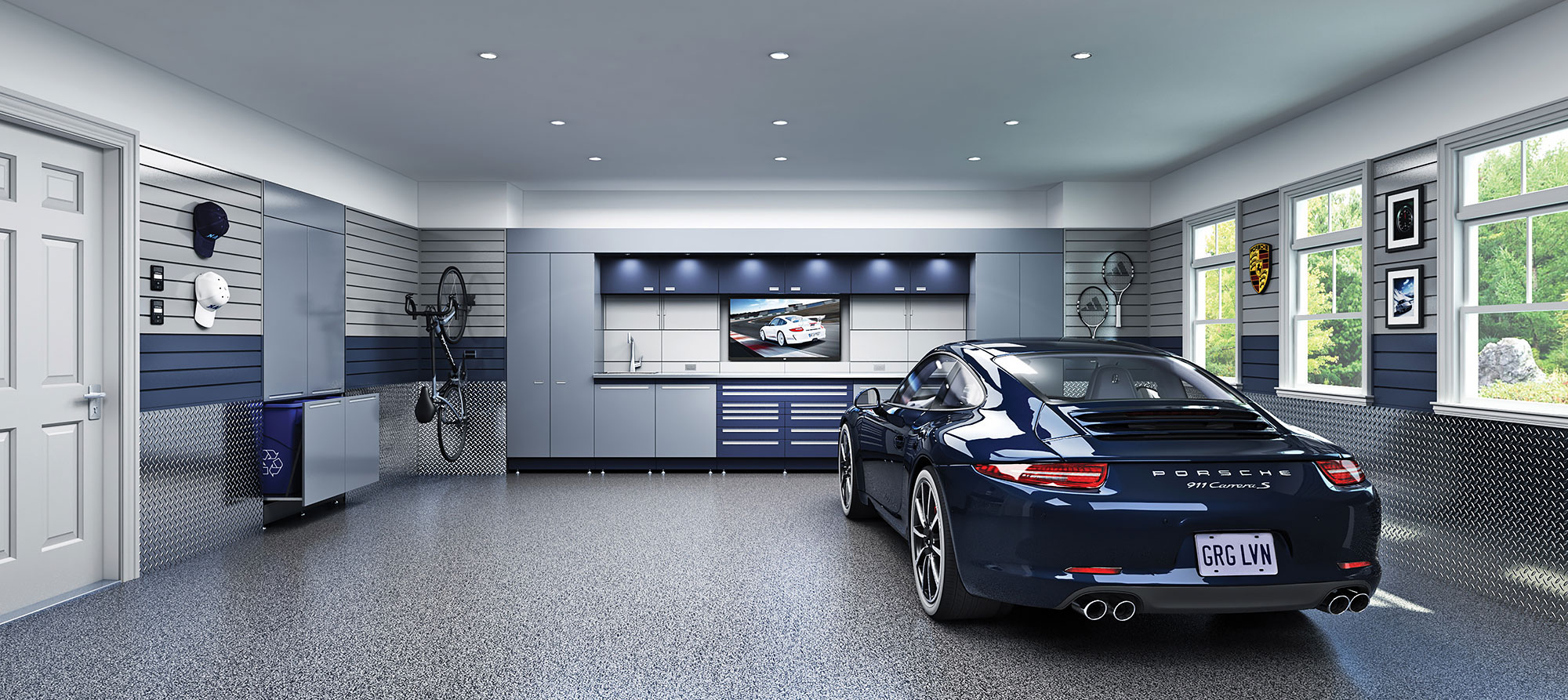 Blue Porsche in a garage designed by Garage Living.